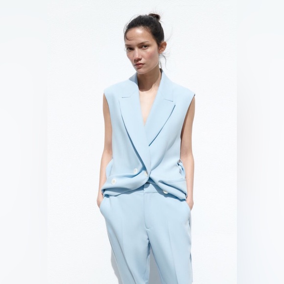 ZAra pants high waisted straight wide leg baby blue suit pants - Picture 5 of 7